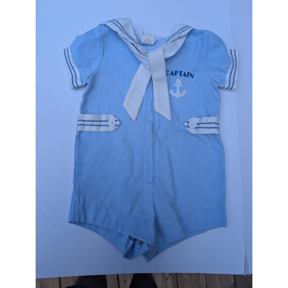 Vintage Baby Boy Romper Captain Blue Sailor Anchor 18M Summer Preppy Outfit